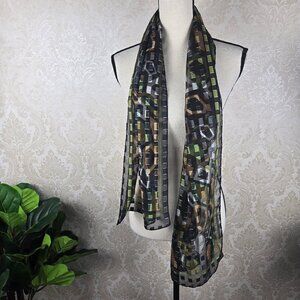 Semi Sheer Oblong Scarf Black Green Brown White Geometric Square Pattern